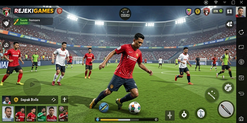Gameplay seru di REJEKIGAMES menampilkan aksi sepak bola yang mendebarkan.