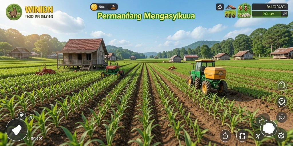 Screenshot gameplay WINIDN yang menunjukkan suasana pertanian yang indah.